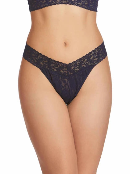 Hanky Panky navy blue lace thong with scalloped V-front waistband