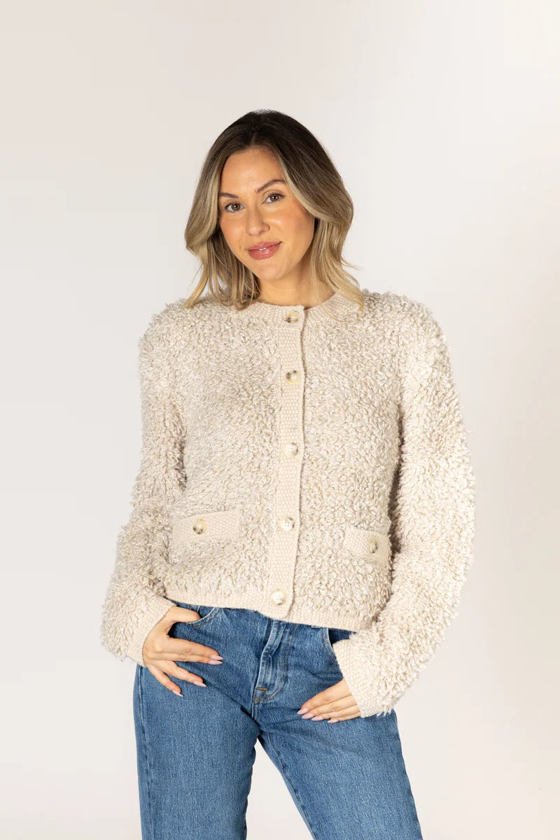 Lyla & Luxe Anika cream boucle button-front cardigan with front pockets