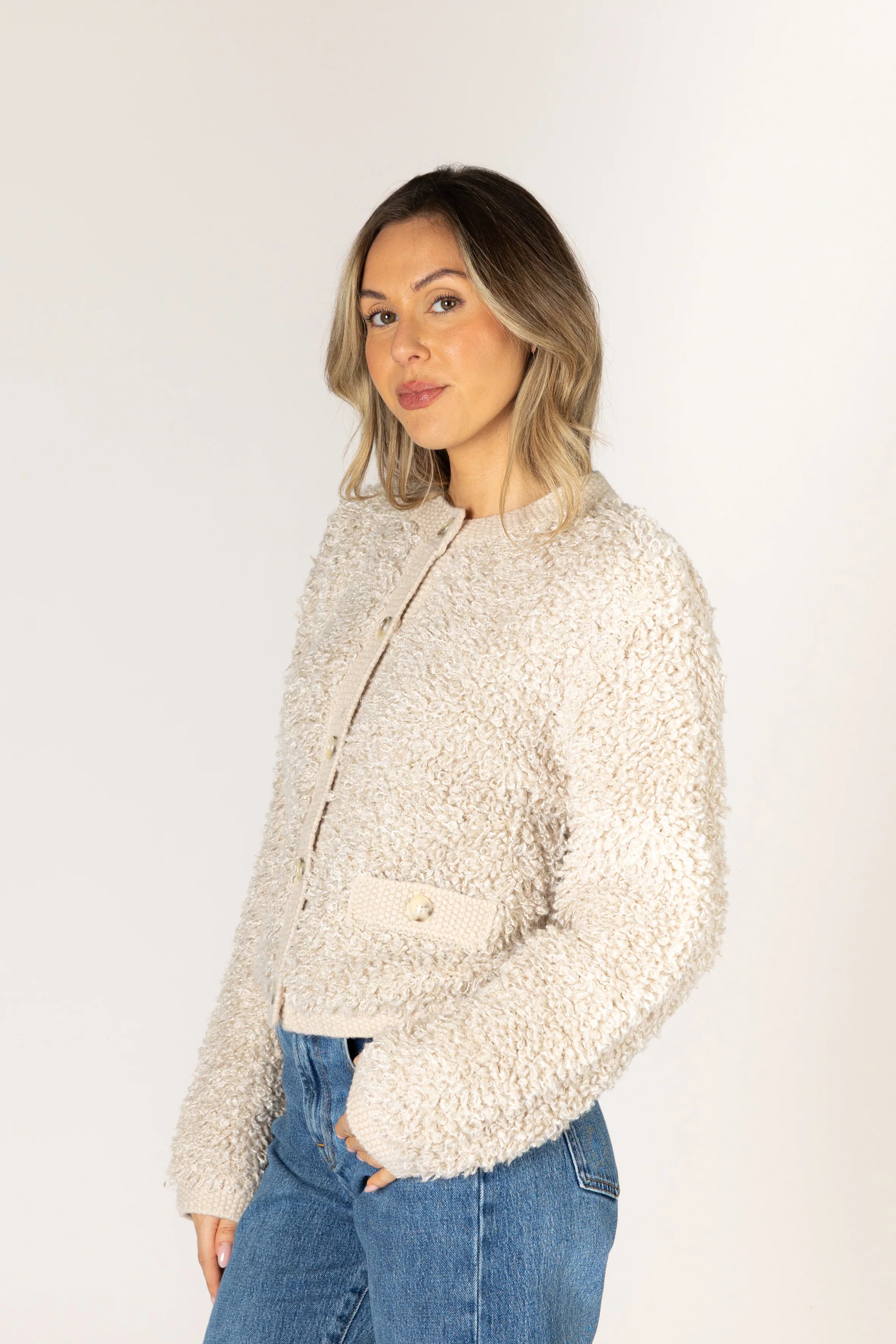 Lyla & Luxe Anika cream boucle button-front cropped jacket with pocket detail