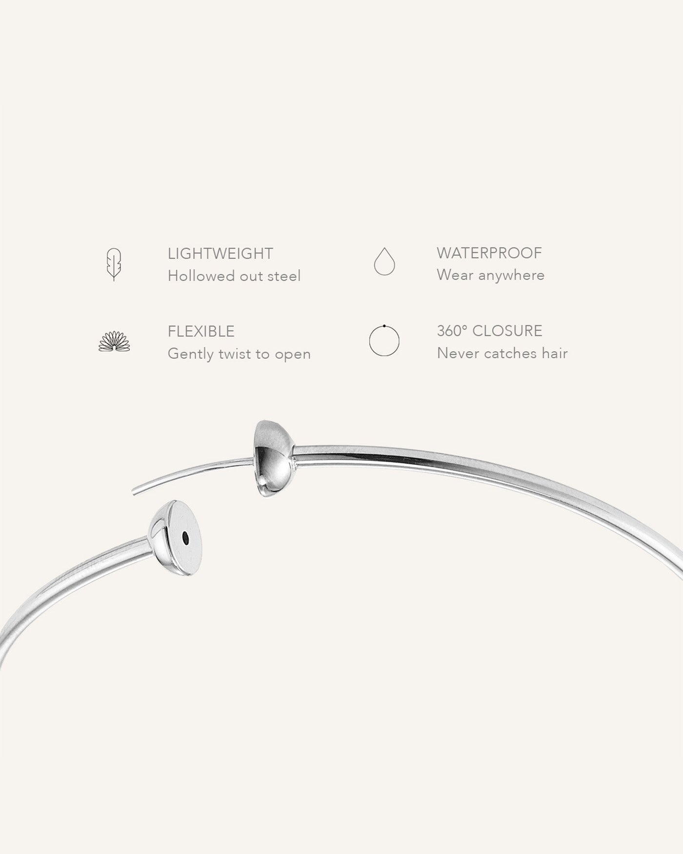 Silver hoop earring detail infographic showing lightweight, flexible, waterproof, and 360-degree closure features.