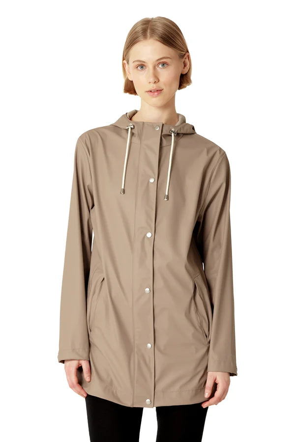 Ilse Jacobsen Rain 228 taupe hooded raincoat with snap buttons and drawstring