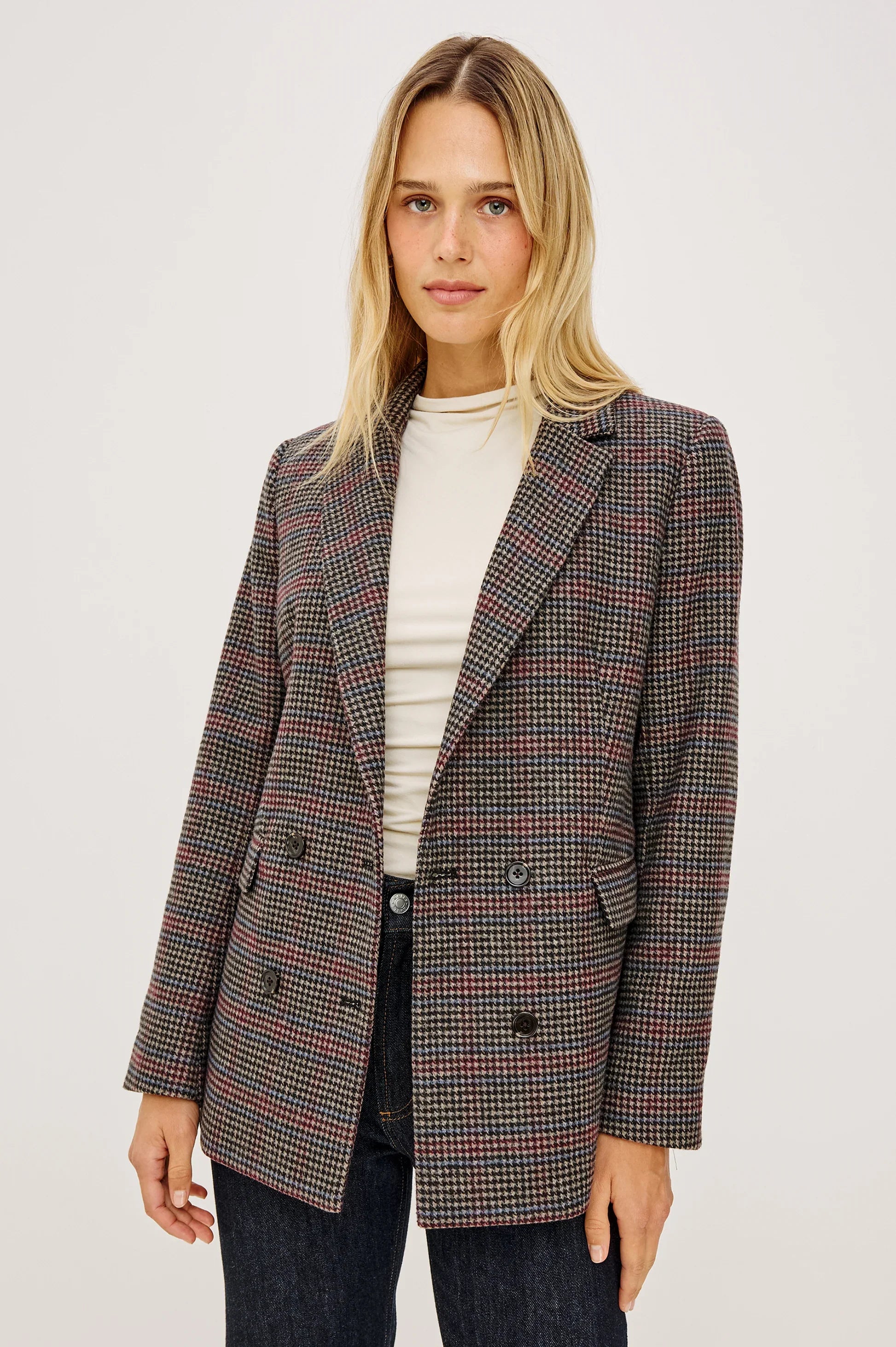 Model wearing Rails JAC double-breasted blazer in Oxford Plum houndstooth plaid pattern