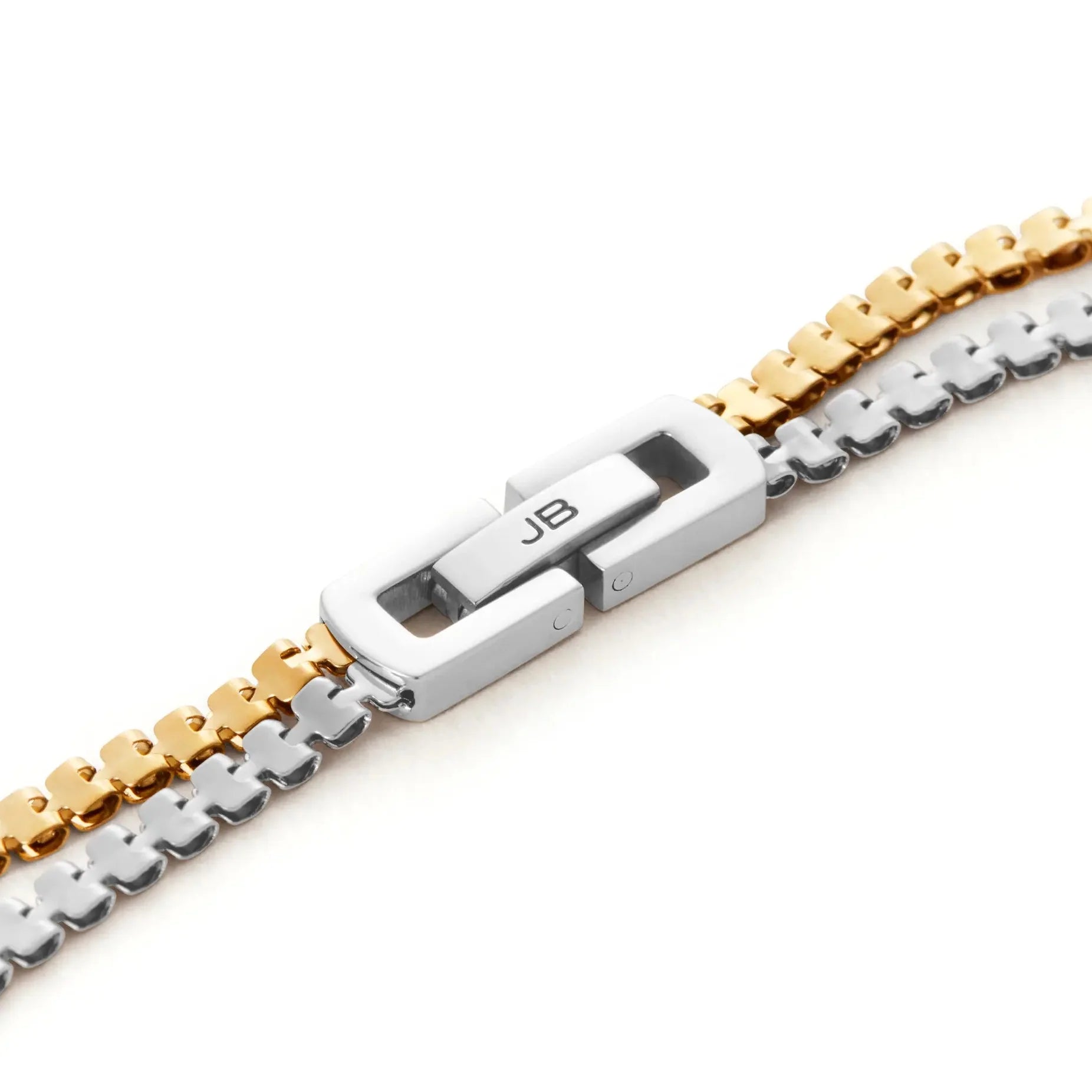 Jenny Bird two-tone gold and silver double box chain necklace with JB clasp
