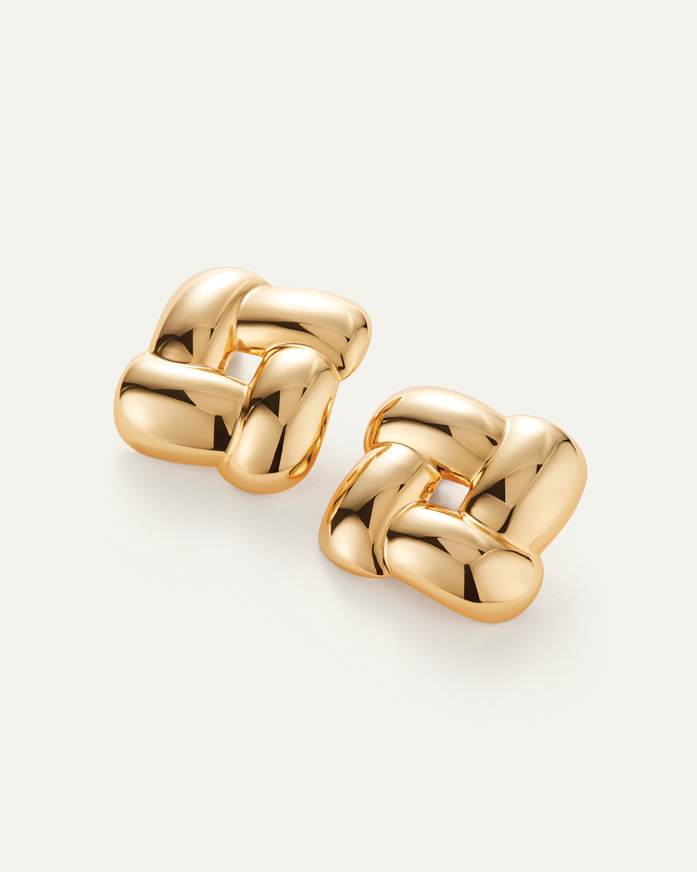 Jenny Bird Gio Earrings in polished gold, chunky woven knot square stud design