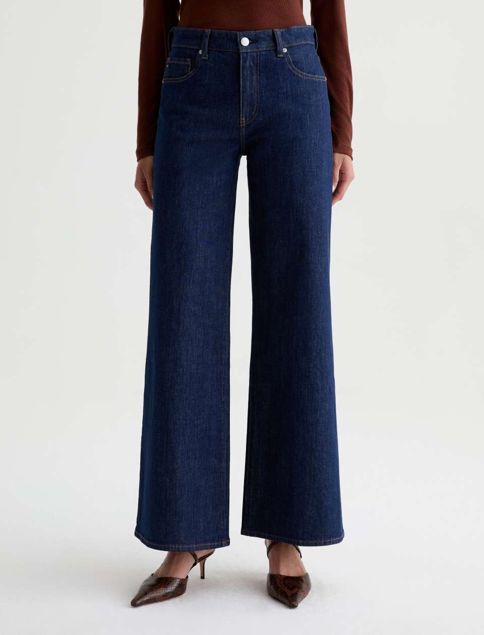 AG Saige wide leg dark blue high-rise jeans with classic five-pocket styling