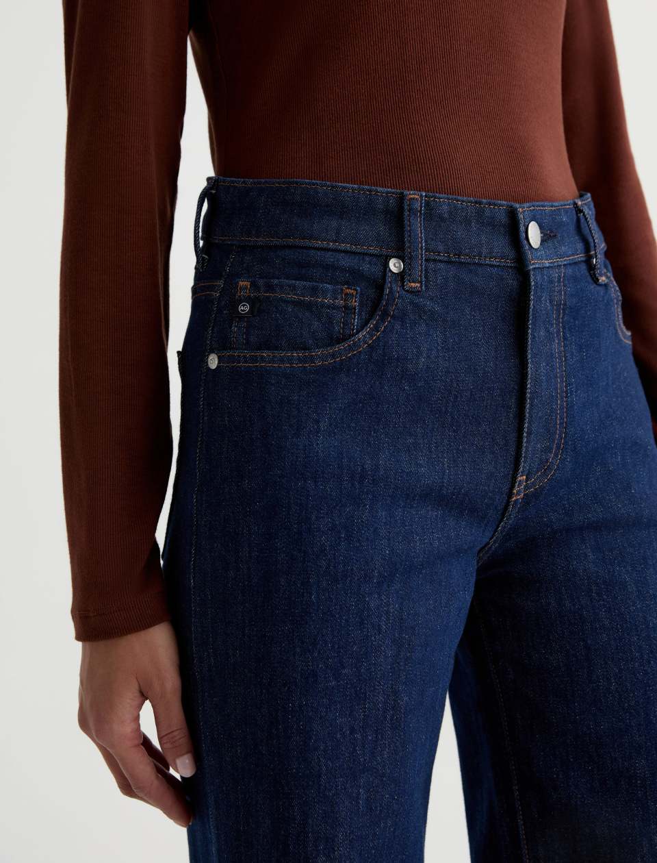 AG Saige wide leg dark wash blue denim jeans with five-pocket styling