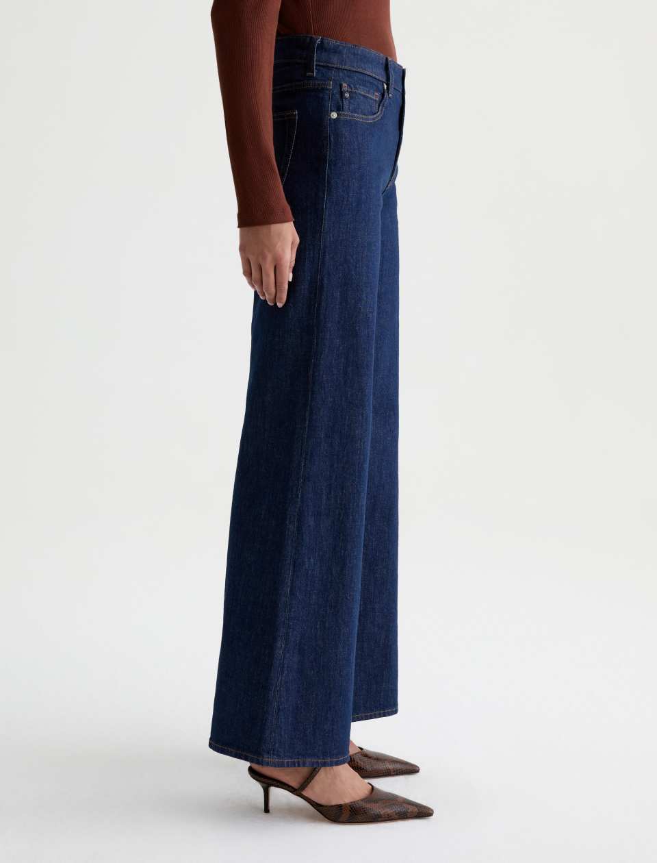 AG Saige wide leg dark blue denim jeans, high rise, full length, side view
