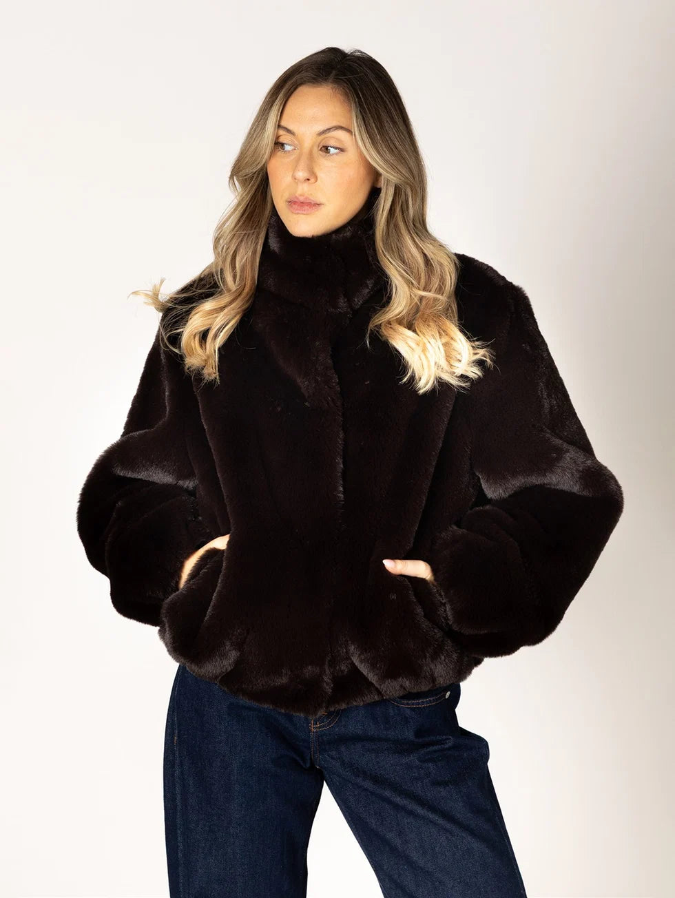 Women's dark espresso brown faux fur short jacket with crew neck and long sleeves