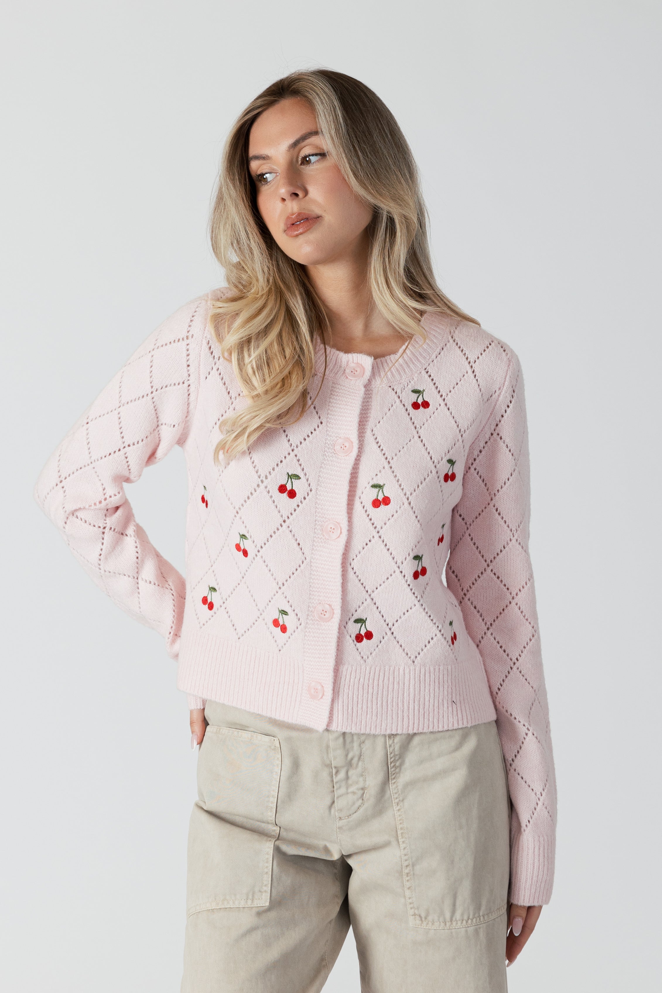 LACEY ECO CARDIGAN W/EMBROIDERED CHERRIES