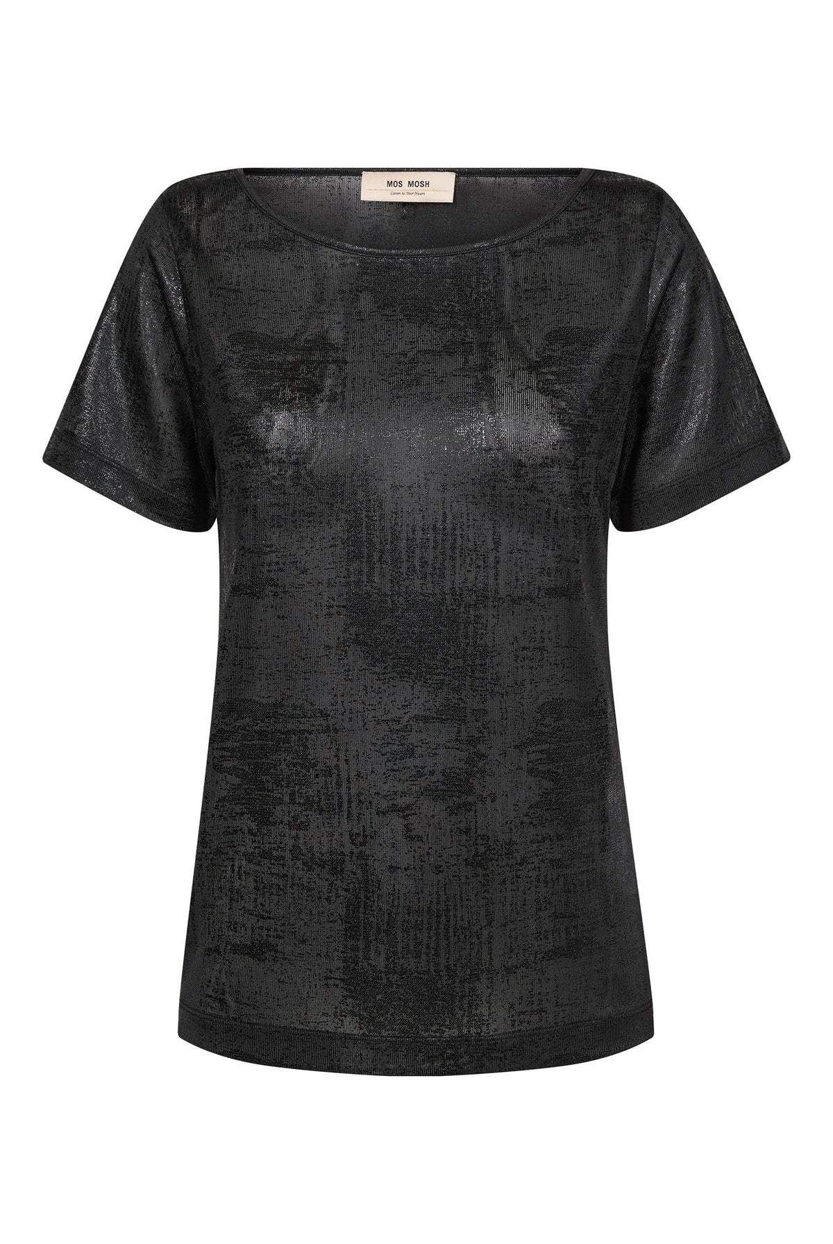 Mos Mosh Niva O-SS Metallic Tee in black with shimmering textured finish, flat lay front view