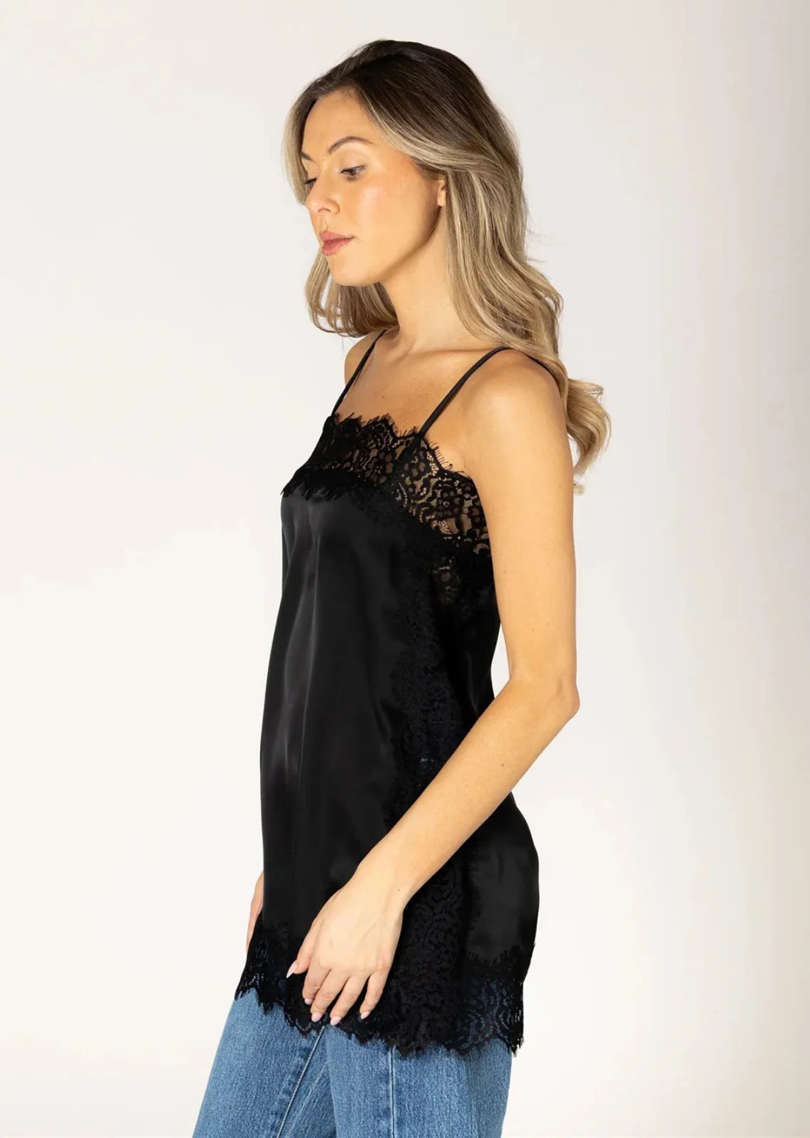 Lyla & Luxe black satin lace cami top with spaghetti straps and lace trim