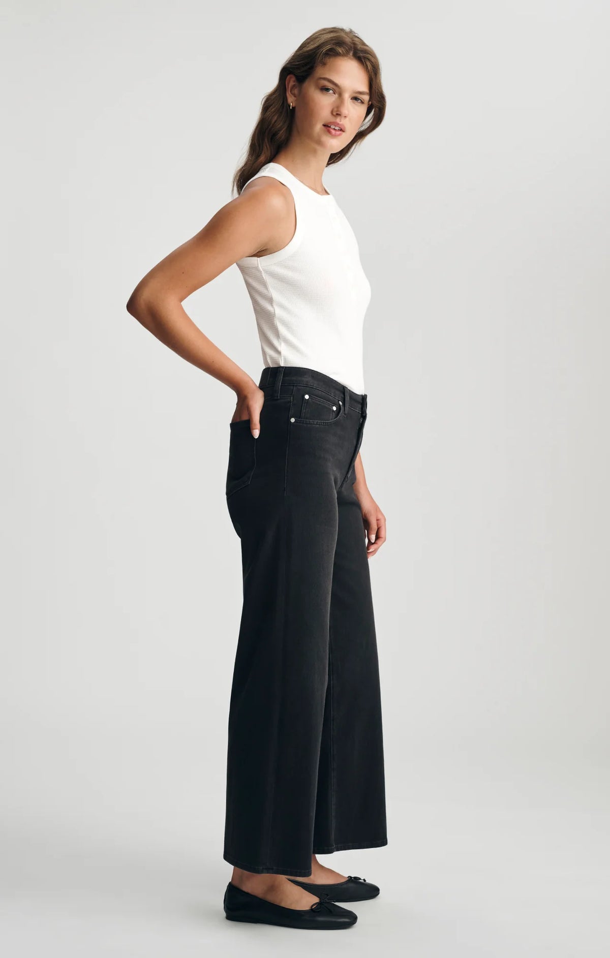 Mavi Paloma mid rise black wide leg jeans styled with white tank top