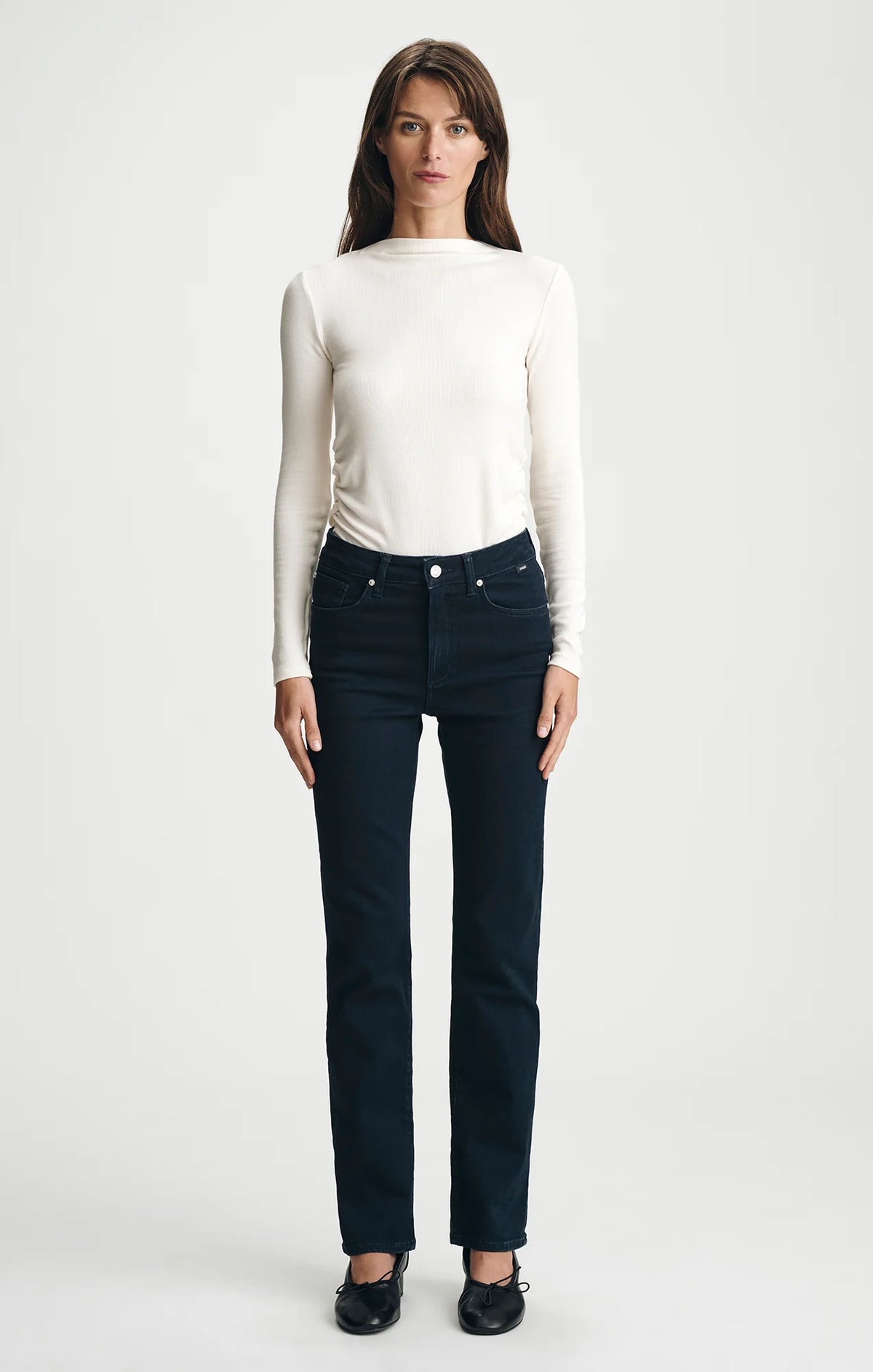 Mavi Kendra Ink Flex dark navy straight-leg high-rise jeans on female model