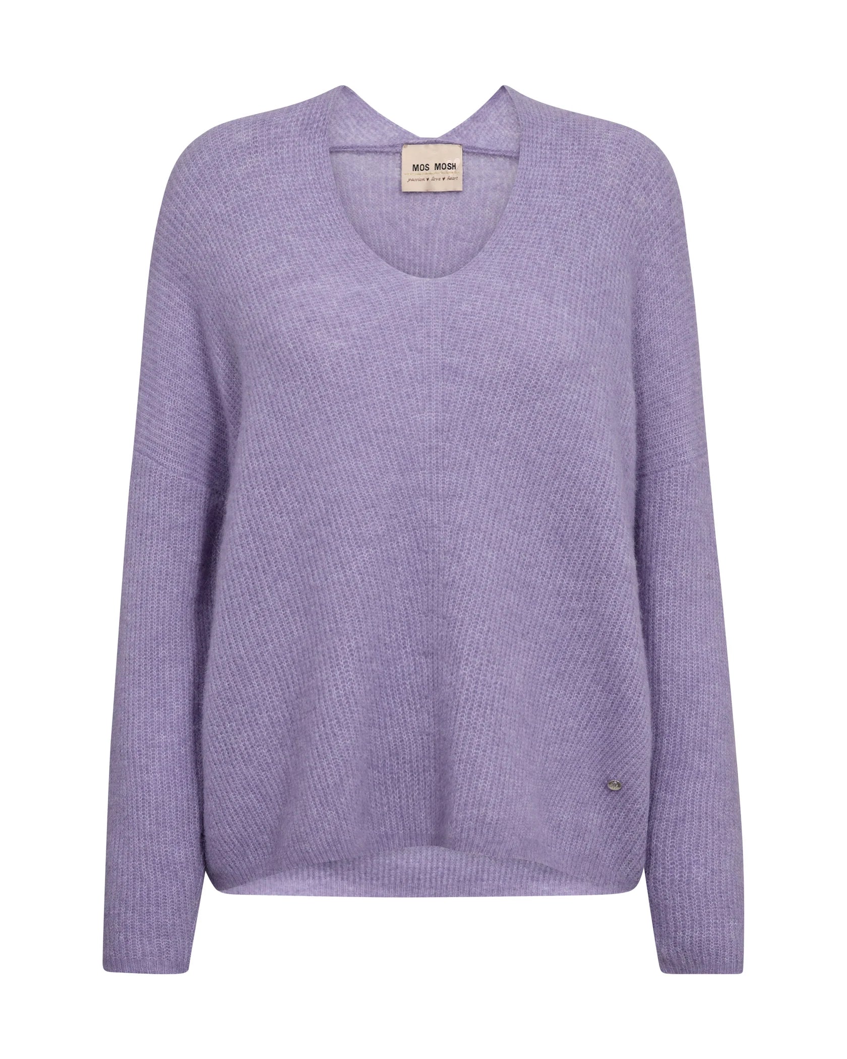 Mos Mosh Thora lavender purple V-neck ribbed knit sweater with long sleeves