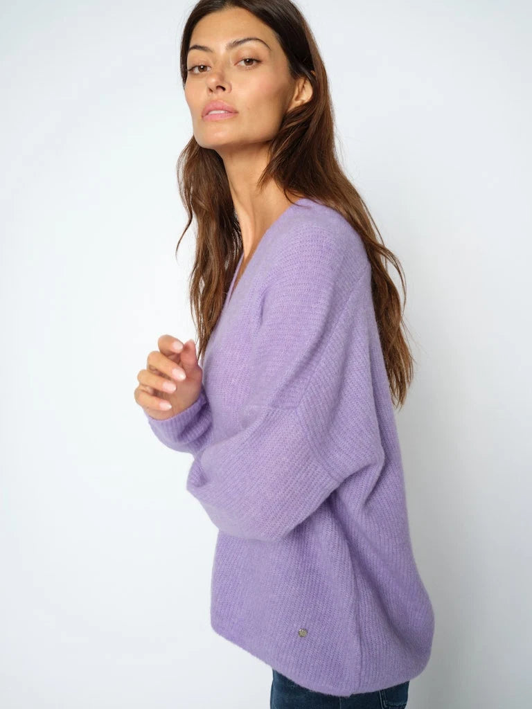 Mos Mosh Thora V-neck knit sweater in soft lavender purple, worn by model