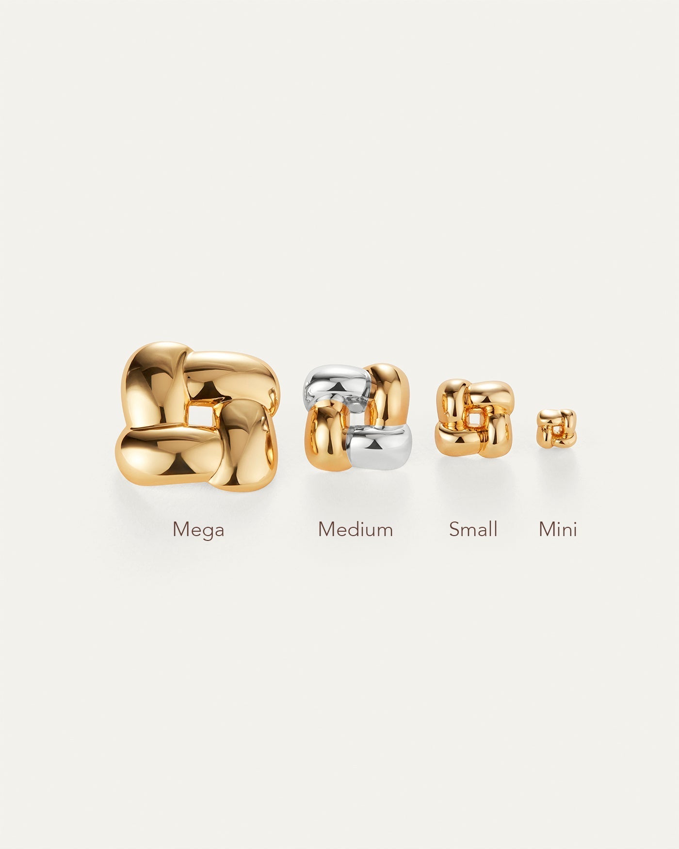 Jenny Bird Gio earrings in gold shown in four sizes: Mega, Medium, Small, and Mini