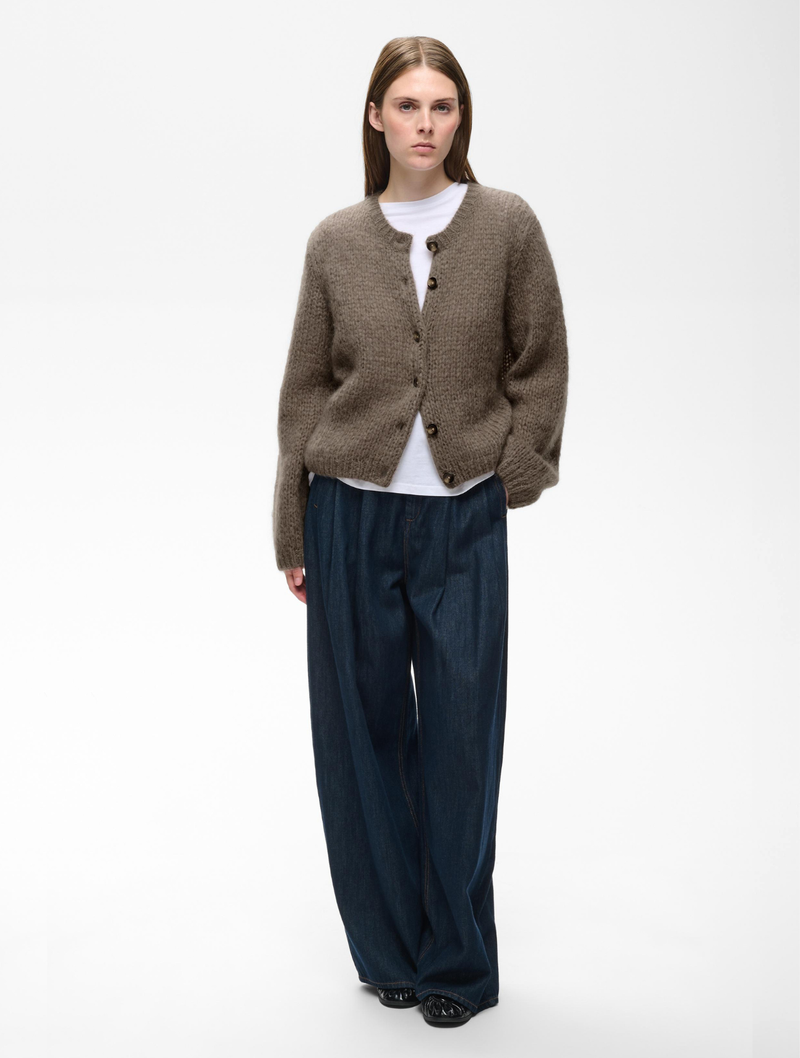 InWear Jetra taupe chunky knit button-front cardigan worn with wide-leg jeans
