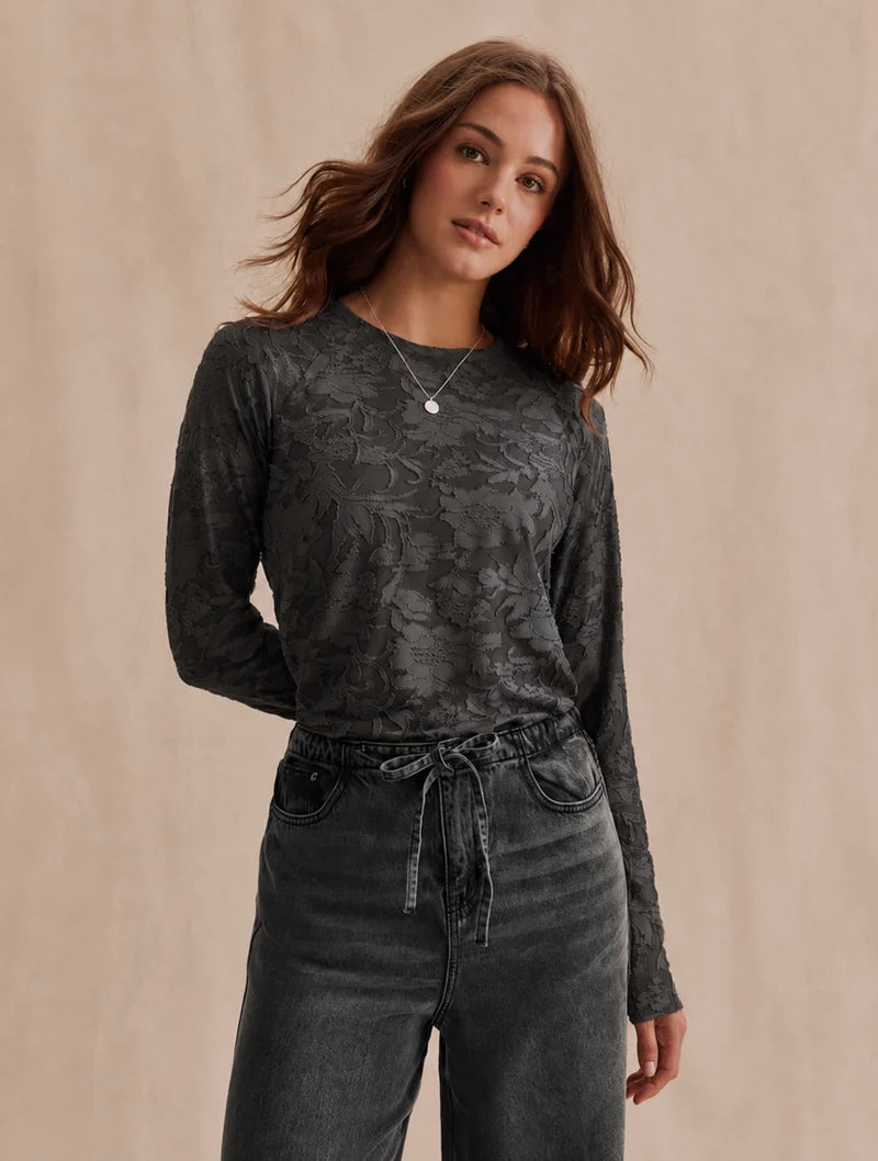 Splendid Cecelia dark gray floral textured long sleeve crew neck tee