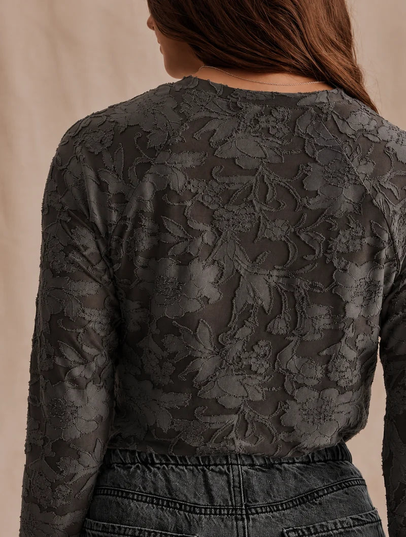 Splendid Cecelia black floral lace long sleeve tee, back view on model