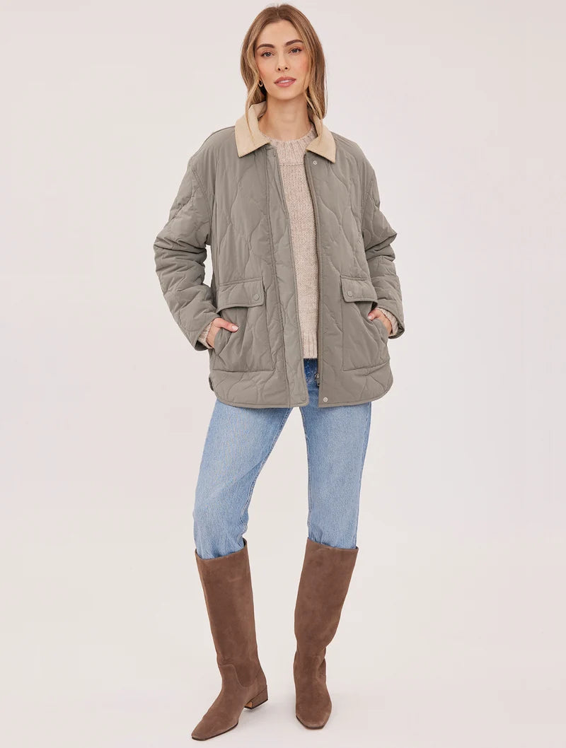 Gentle Fawn Felix sage green quilted jacket with corduroy collar, worn open