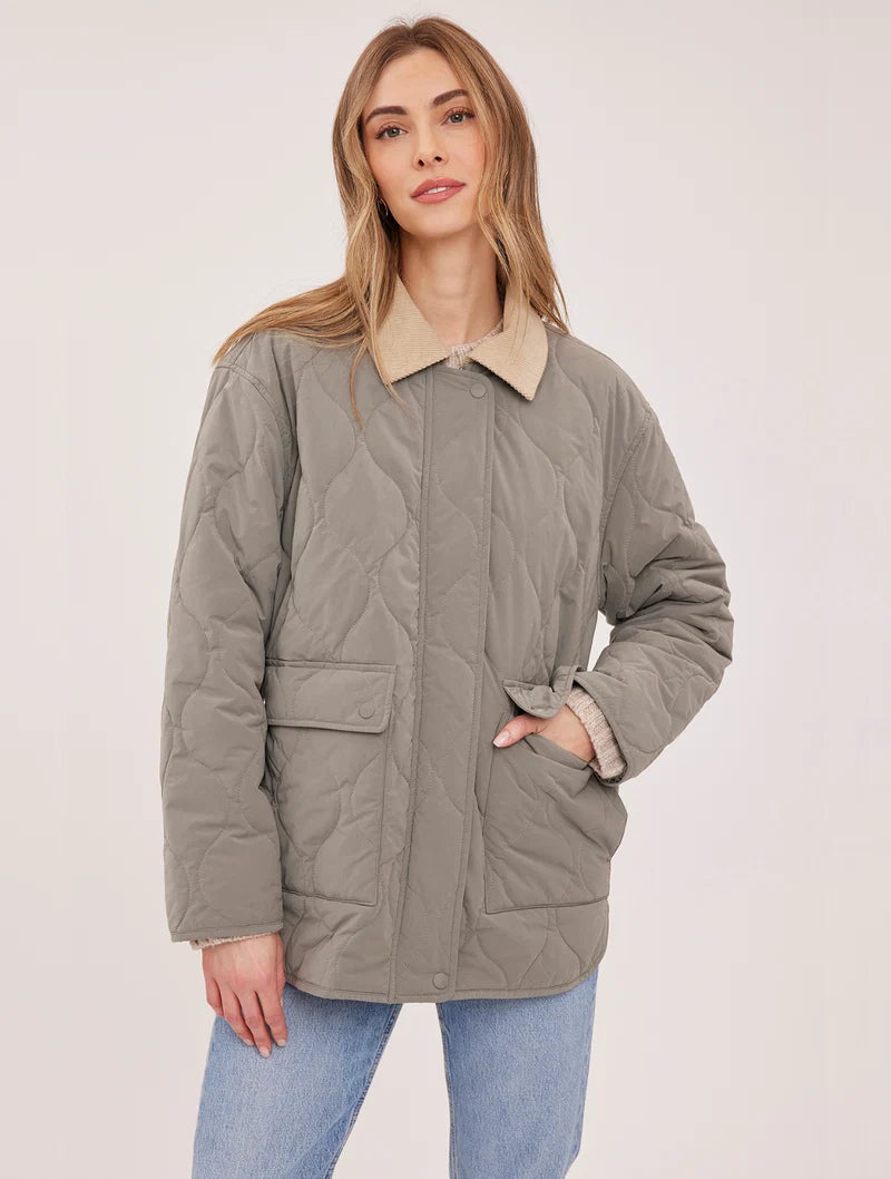 Gentle Fawn Felix sage green quilted jacket with corduroy collar and snap buttons