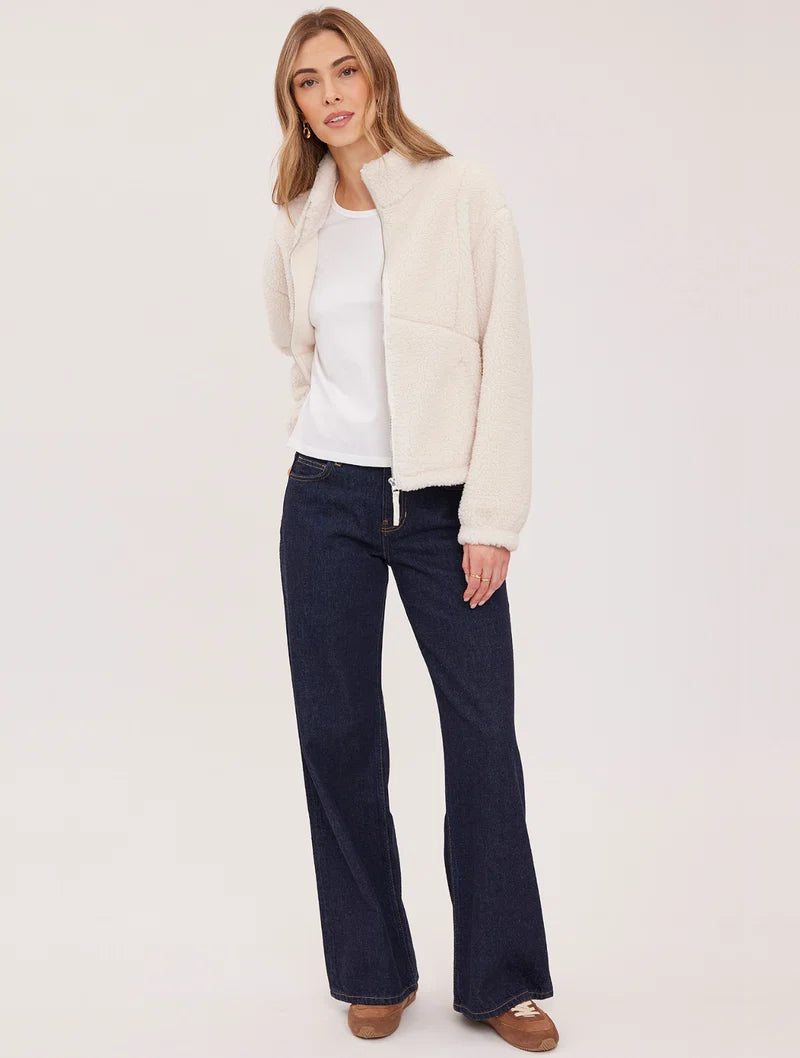 Gentle Fawn Camden cream sherpa zip-up jacket worn with dark flare jeans