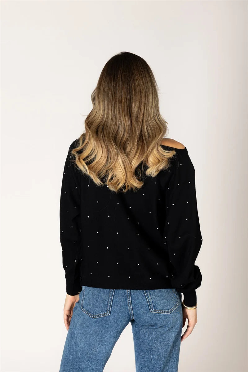 Black crystal-studded cold-shoulder knit sweater with long sleeves, back view