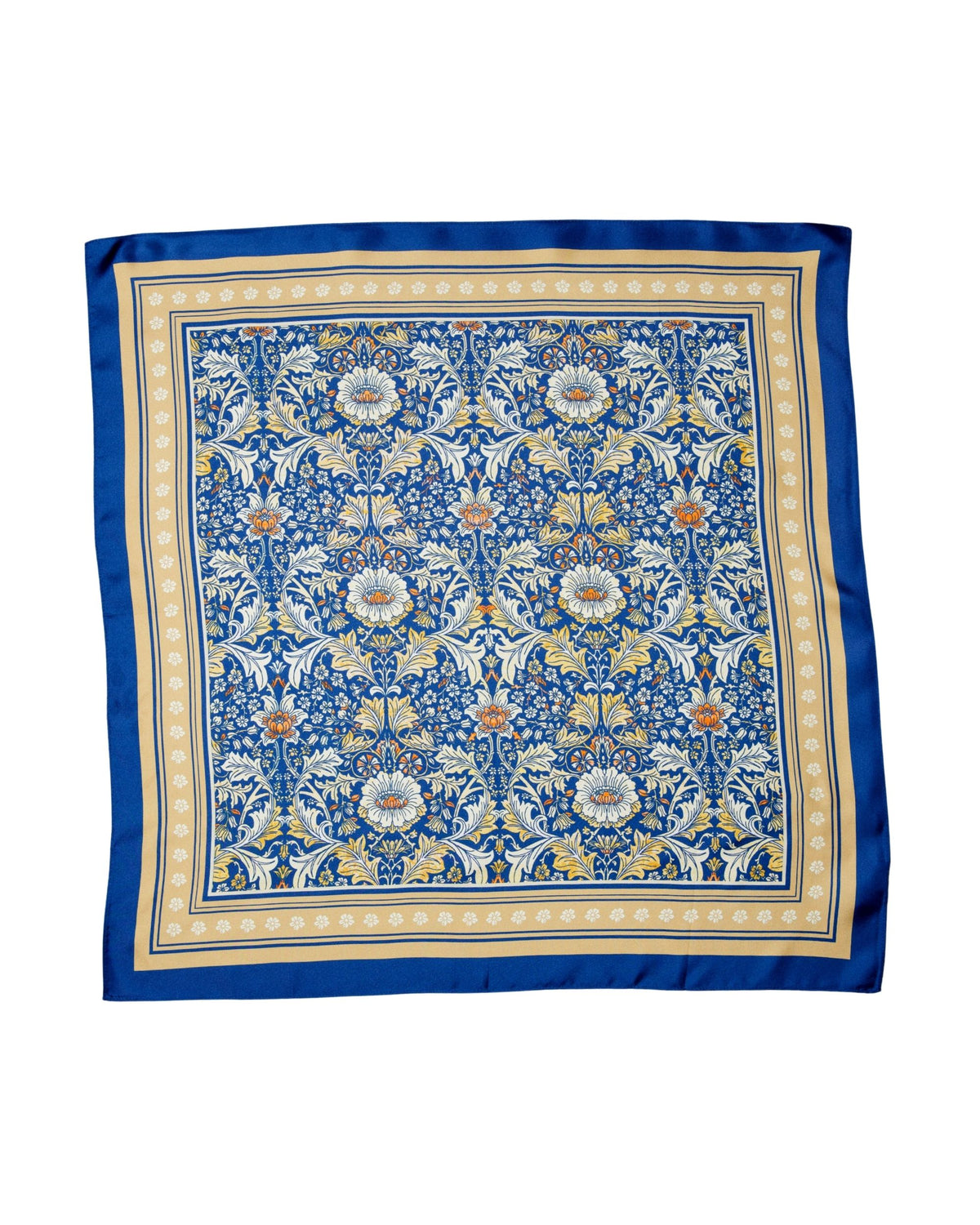Royal blue silk square scarf with intricate white and gold floral botanical print and cream border