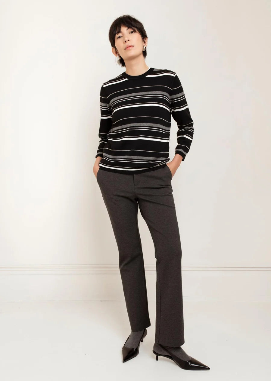 Black striped long-sleeve crew neck sweater with white and grey horizontal stripes