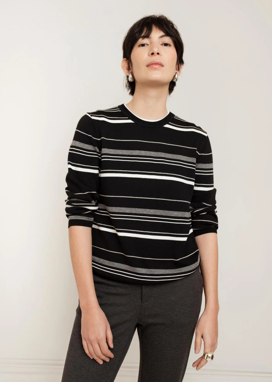 Black long-sleeve knit sweater with white and gray horizontal stripes, crew neckline