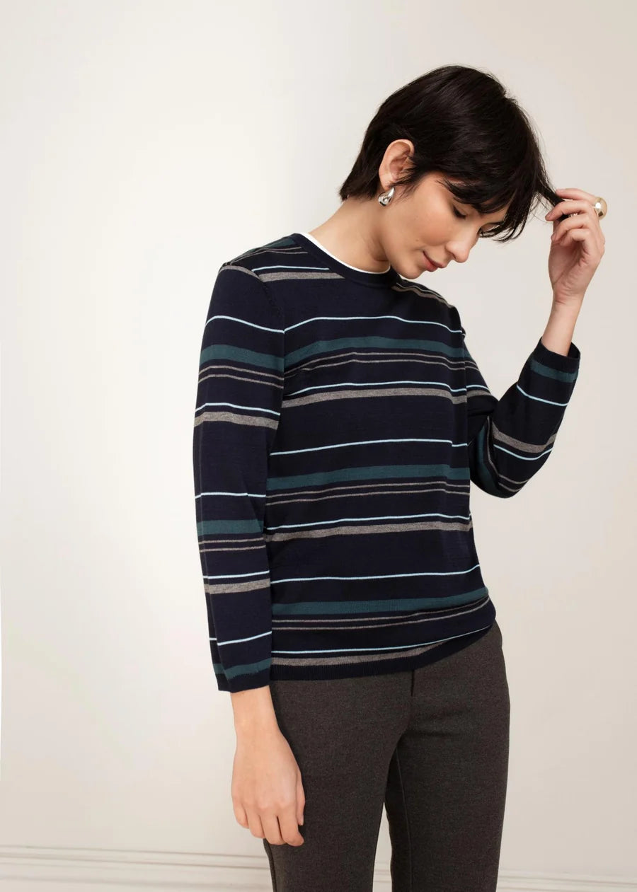 Navy striped crew neck sweater with teal, grey, and light blue stripes