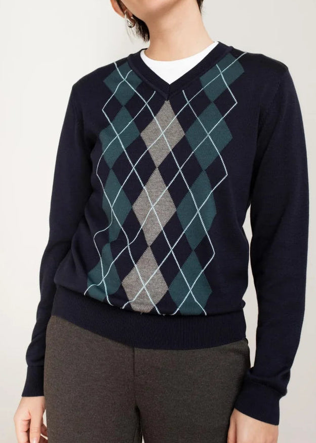 Navy blue argyle V-neck sweater with teal and grey diamond pattern