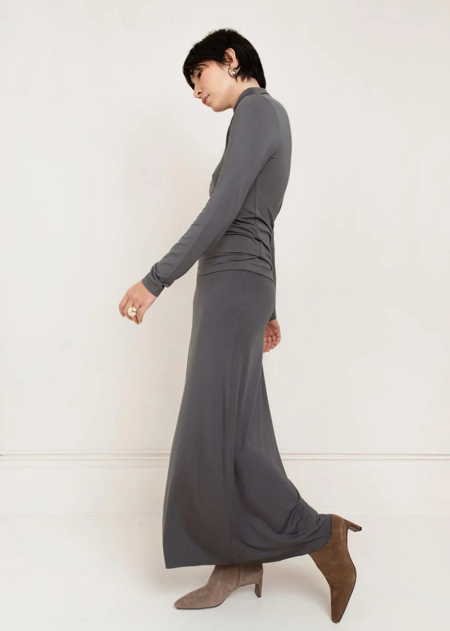 Gray long-sleeve turtleneck maxi dress in soft modal blend, side view