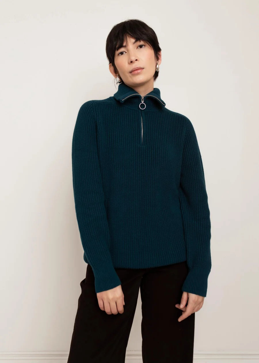 Teal ribbed knit half-zip funnel neck sweater with ring zipper pull