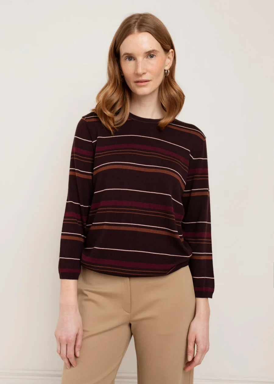 Dark burgundy striped lightweight crew neck sweater with rust and cream horizontal stripes