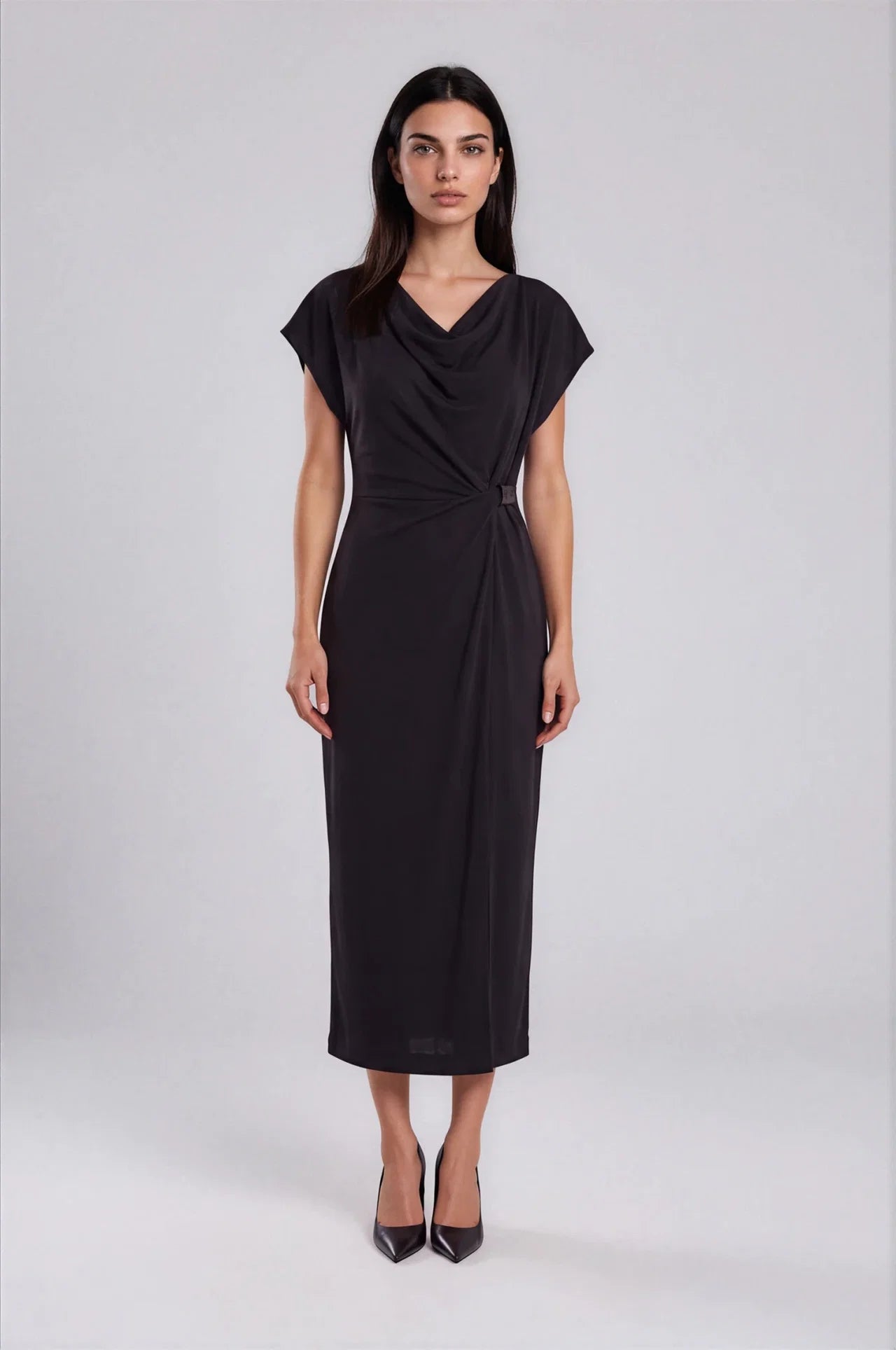 Pure & Simple black midi wrap dress with cowl neck and cap sleeves
