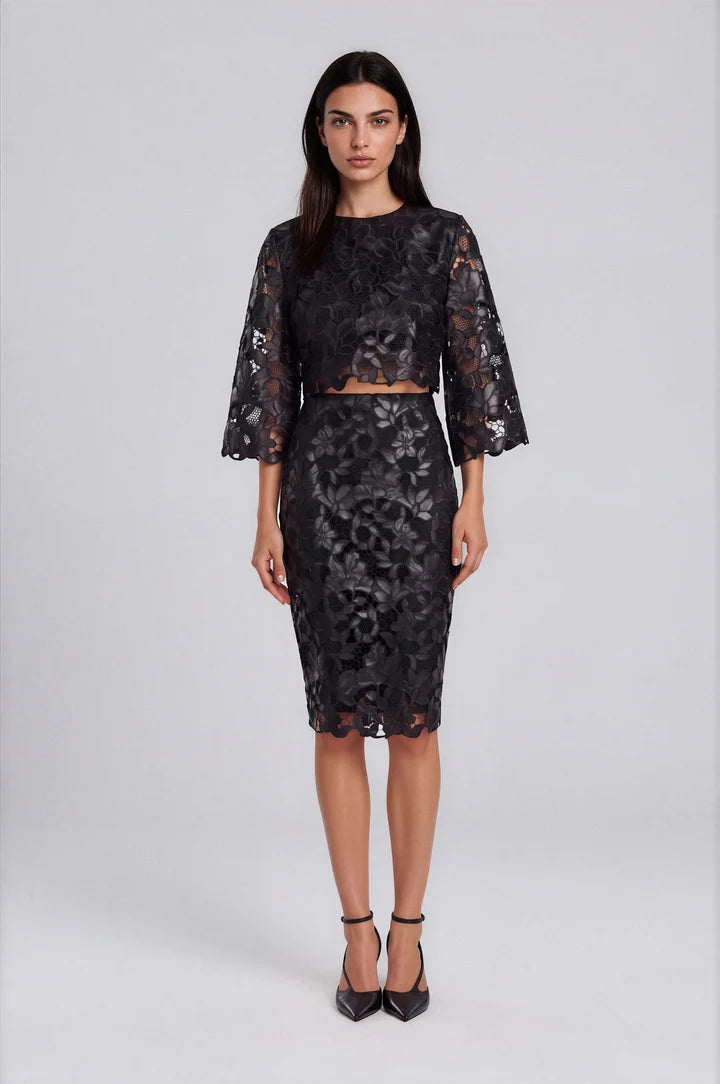 Black floral embroidered lace pencil skirt with scalloped hem, midi length