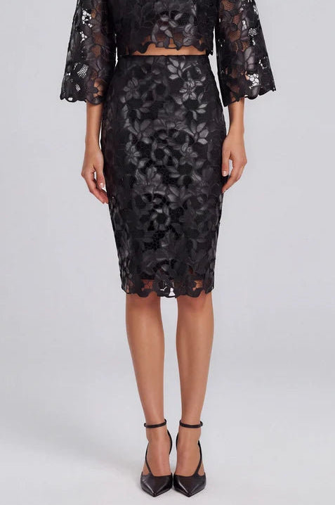 Black floral embroidered lace pencil skirt, knee-length, worn with matching crop top