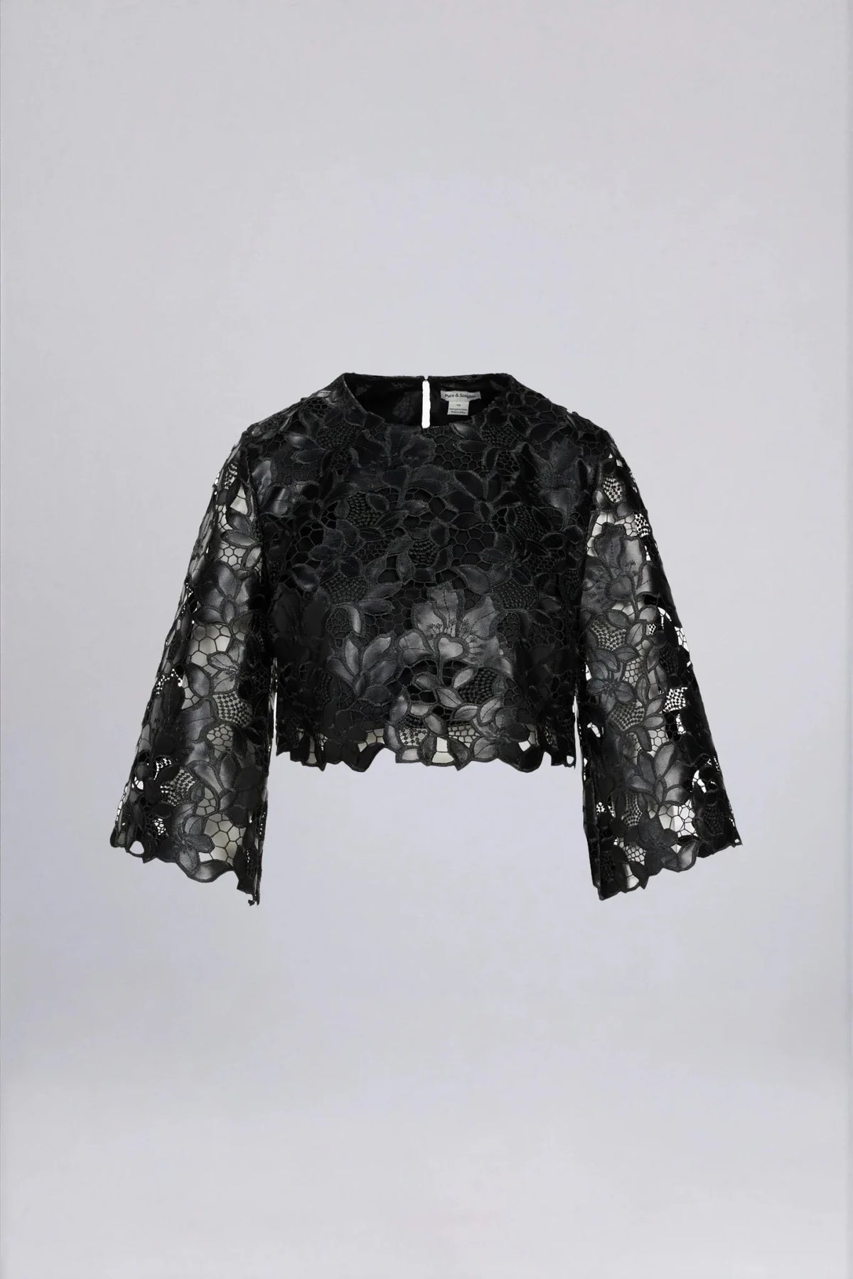 Pure and Simple Twilight black embroidered lace bell sleeve cropped top on white background