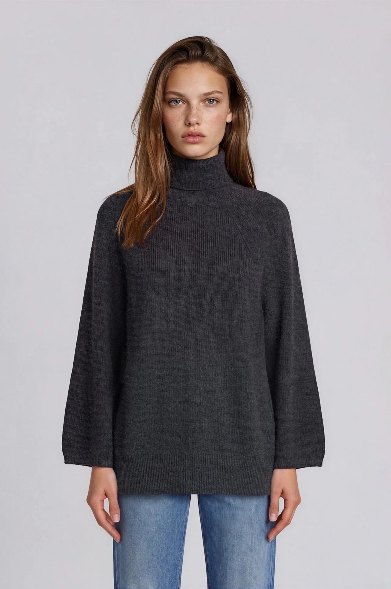 Pure & Simple Snow Drift charcoal turtleneck sweater with wide sleeves and relaxed fit