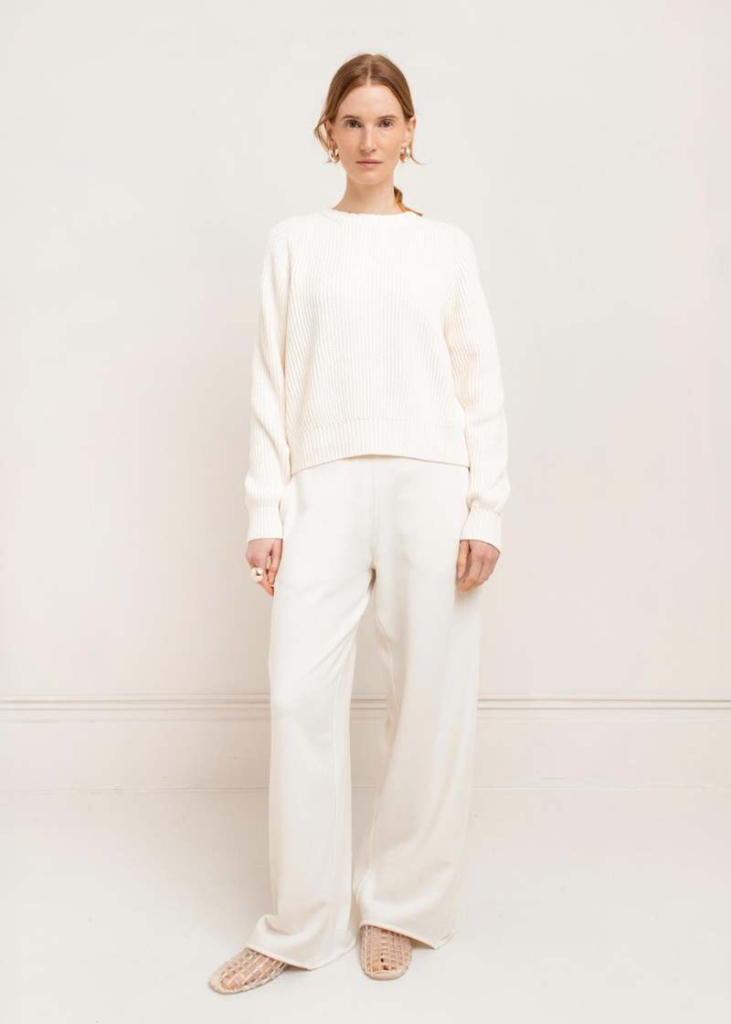Ivory ribbed cotton crew neck sweater with long sleeves, oversized relaxed fit