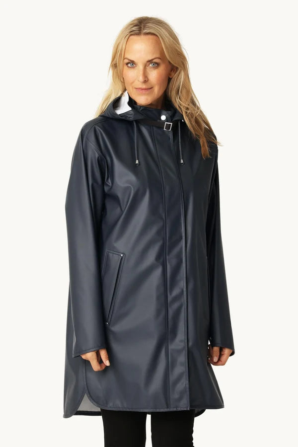 Ilse Jacobsen RAIN71 dark indigo hooded raincoat with A-line silhouette and drawstring