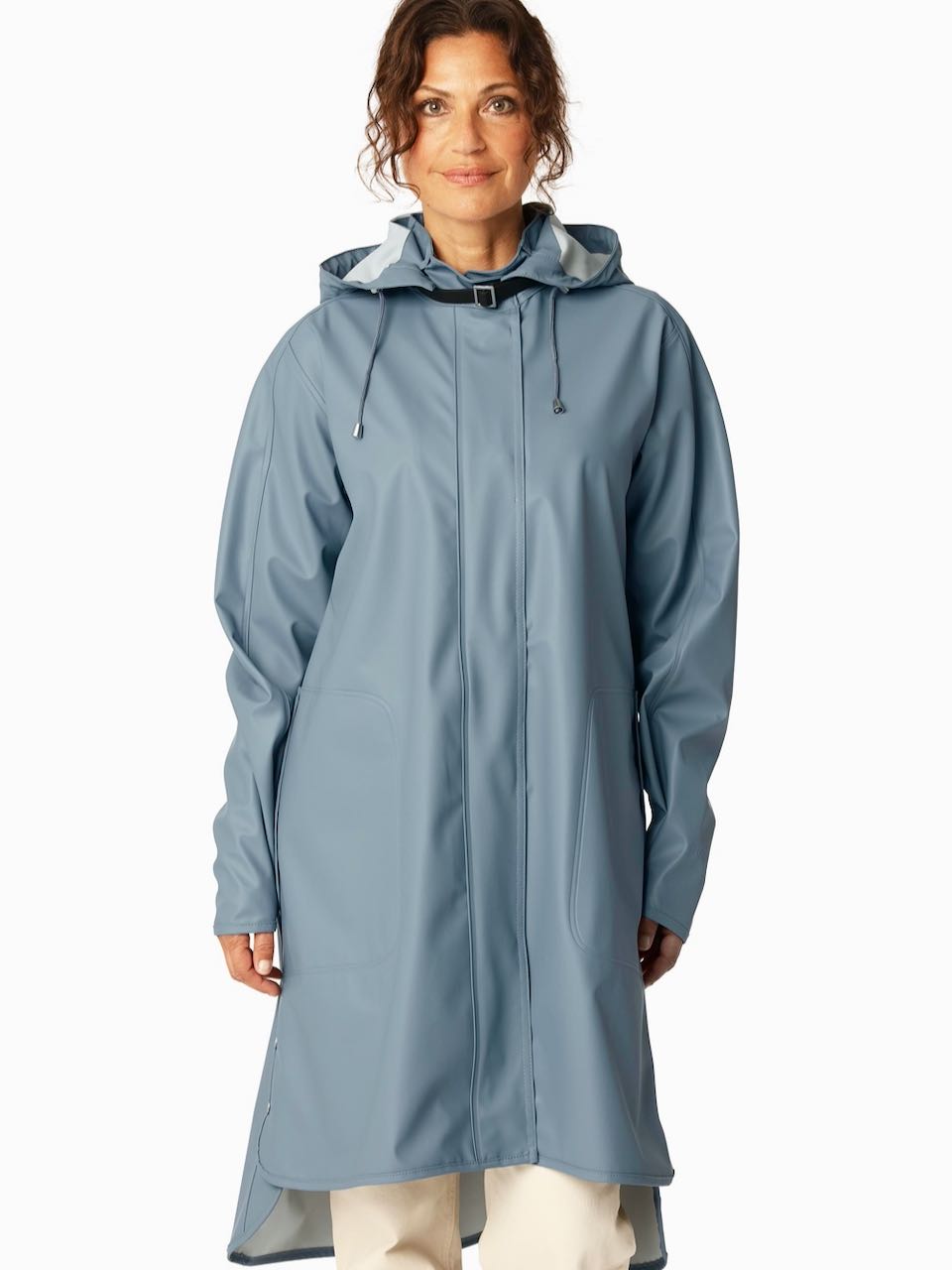 Women's blue-grey hooded long raincoat with drawstring hood and front zip closure