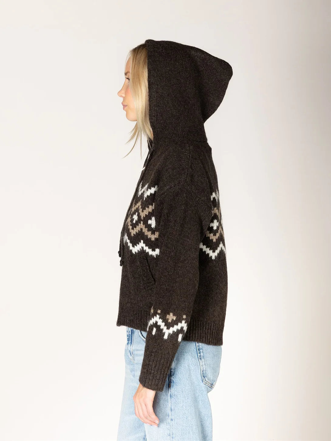 Lyla & Luxe Ranch dark brown Fair Isle hooded knit sweater, side view