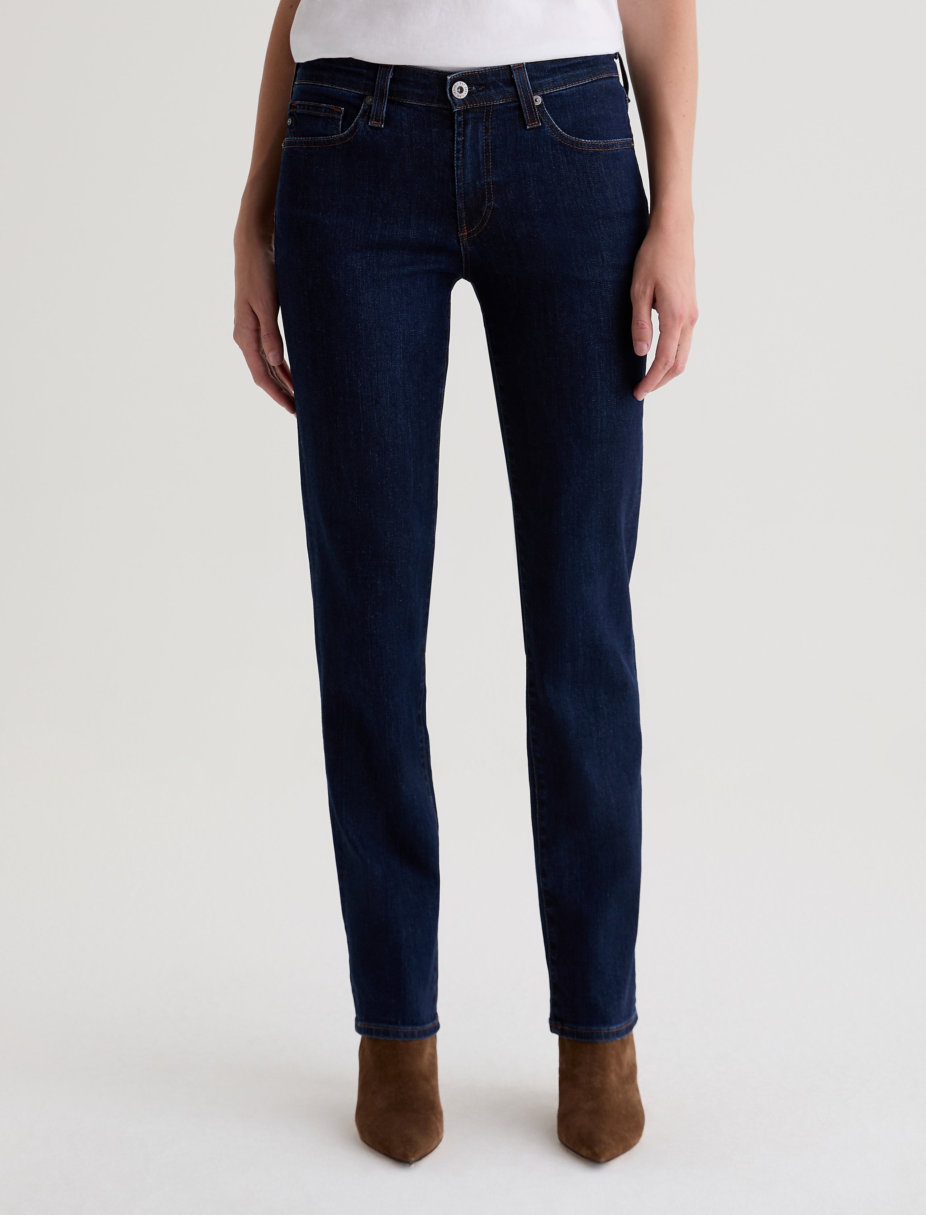 AG Sandra straight leg jeans in deep modern indigo wash worn with tan ankle boots