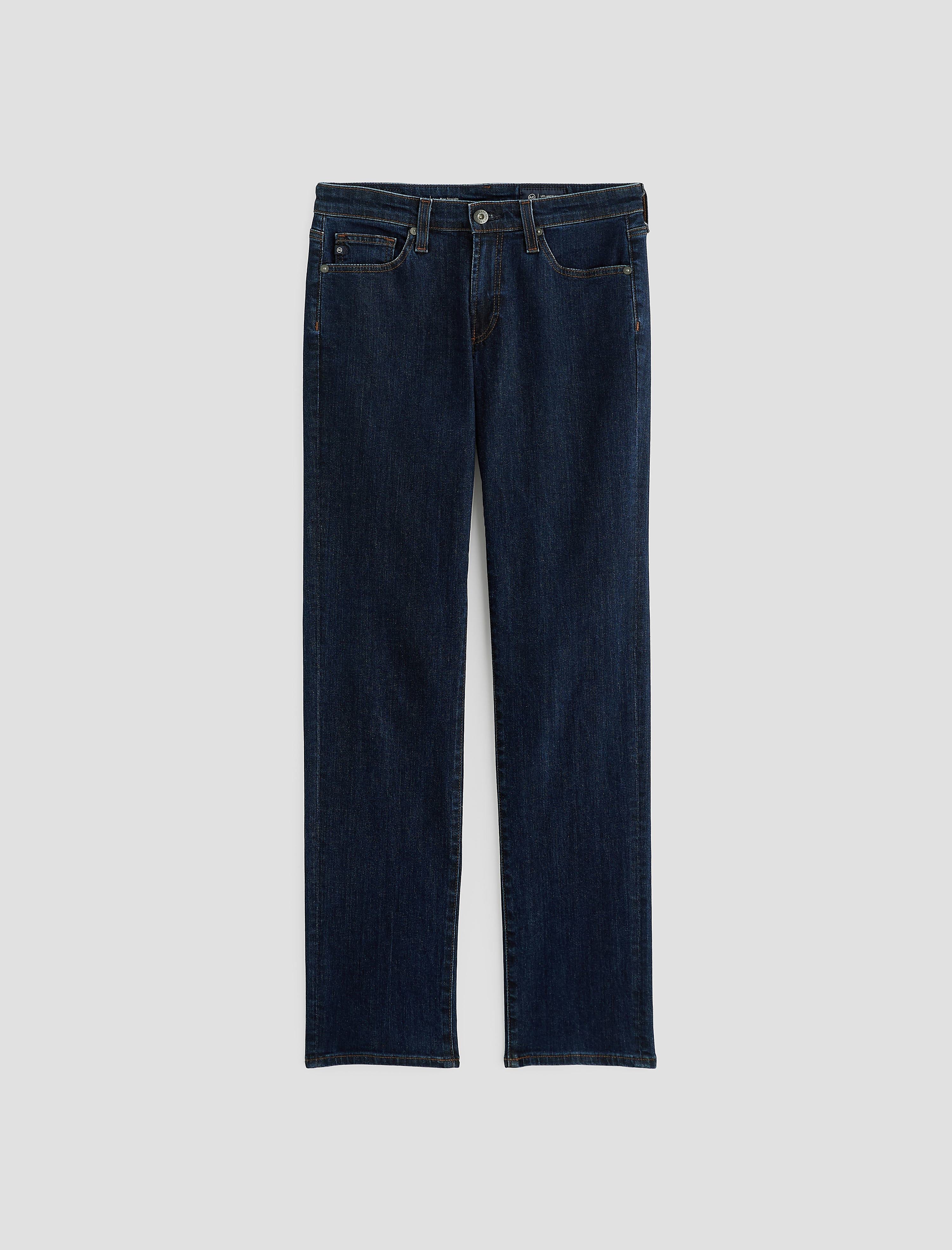 AG Sandra straight-leg jeans in deep modern indigo dark wash denim, flat lay view