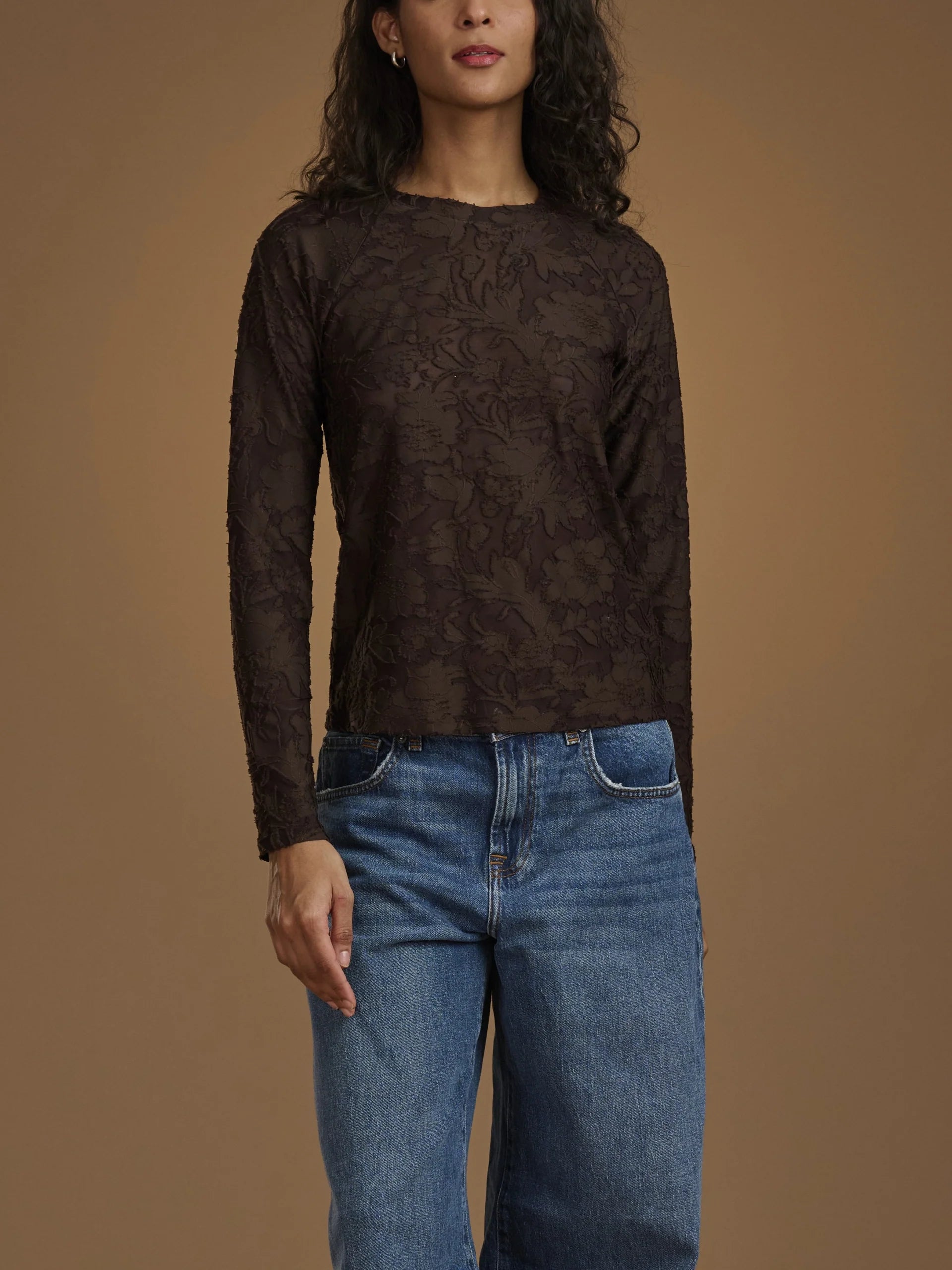 Splendid Cecelia dark brown floral lace long sleeve sheer top with crew neck