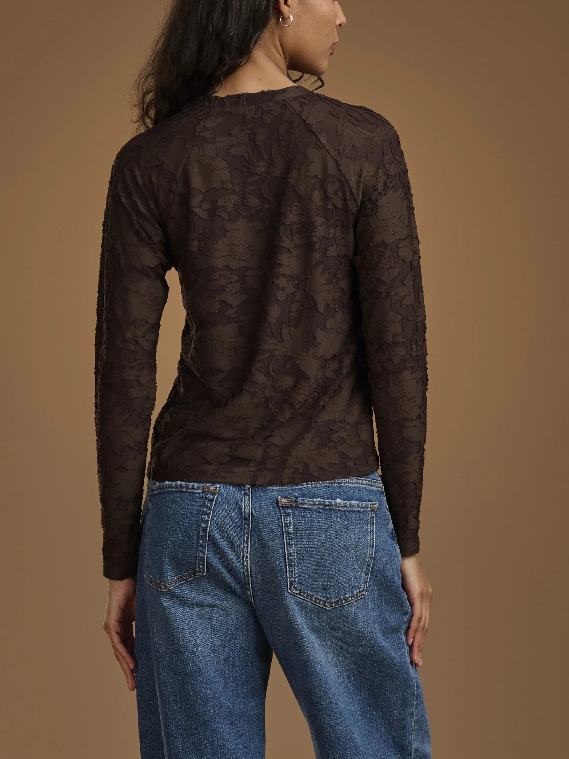 Splendid Cecelia dark brown floral lace long sleeve tee, back view
