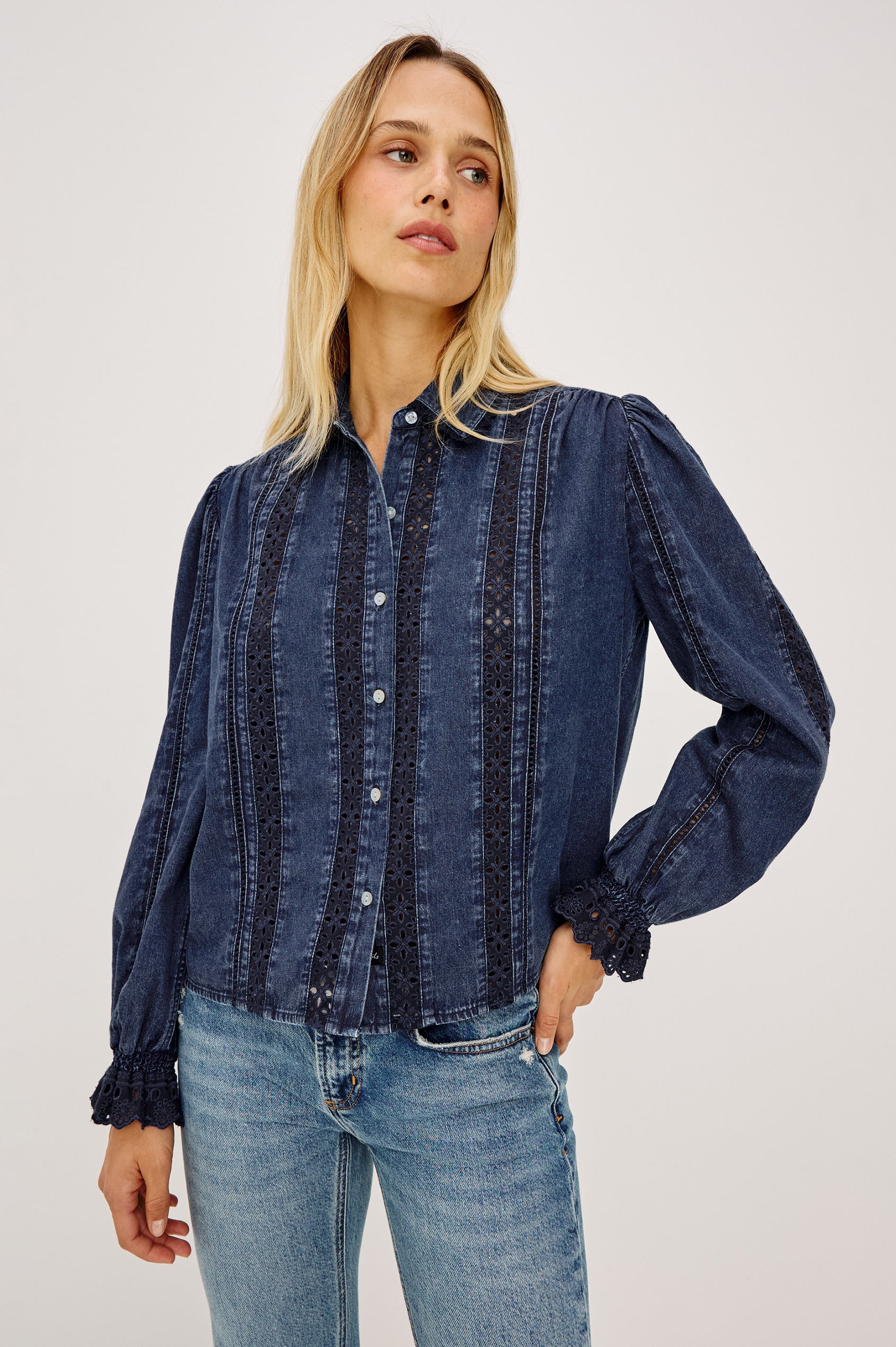 Rails Rowen dark wash denim shirt with black eyelet panels and puff sleeves