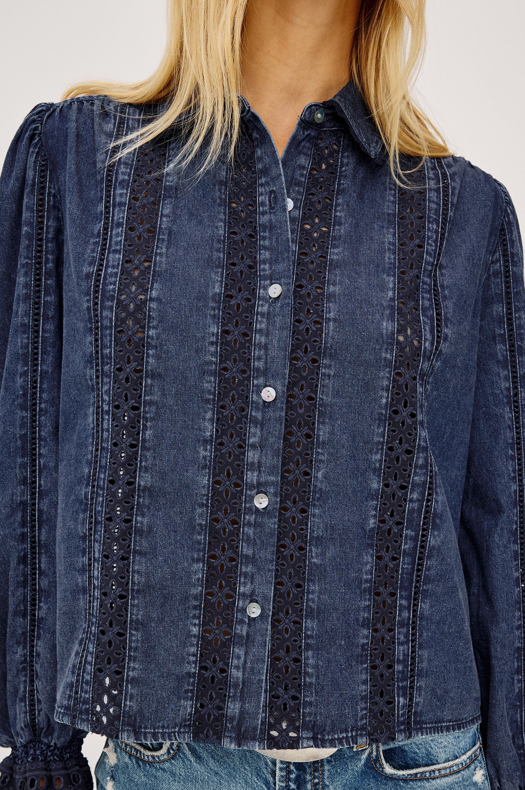 Rails Rowen dark indigo denim shirt with floral eyelet lace panels and pearl buttons